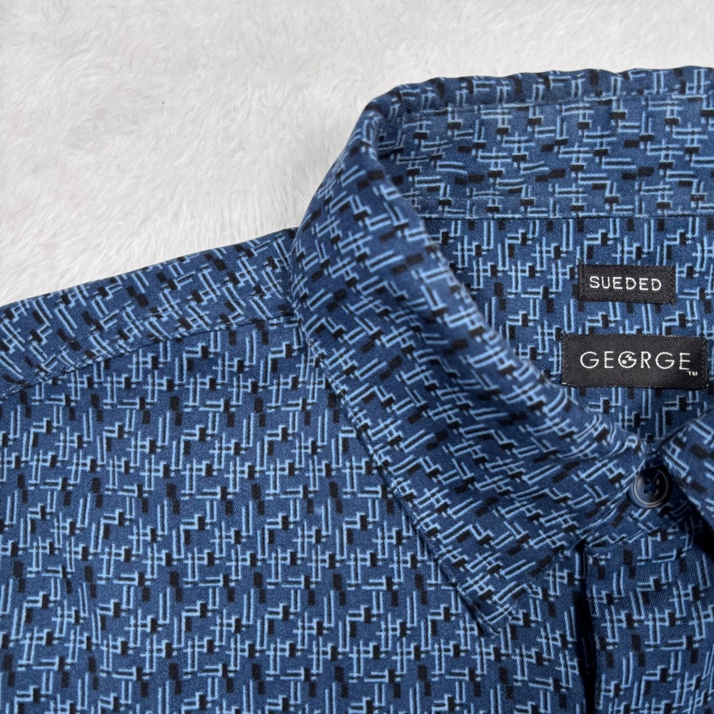 George‎ Button Men L Blue Suede Geometric Long Sleeve Pocket Shirt Office Casual